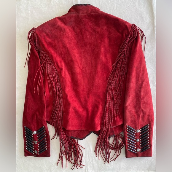 Cripple Creek Vintage 90s Red Leather Beaded Fringe Jacket Native Boho Bold XL - Picture 2 of 16